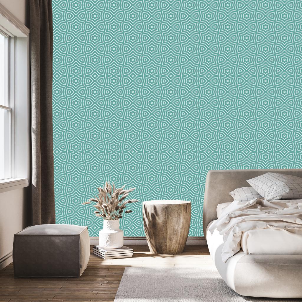 Geometric Pattern Wallpaper in Sea and Turquoise for Living Room and Bedroom 50x1000