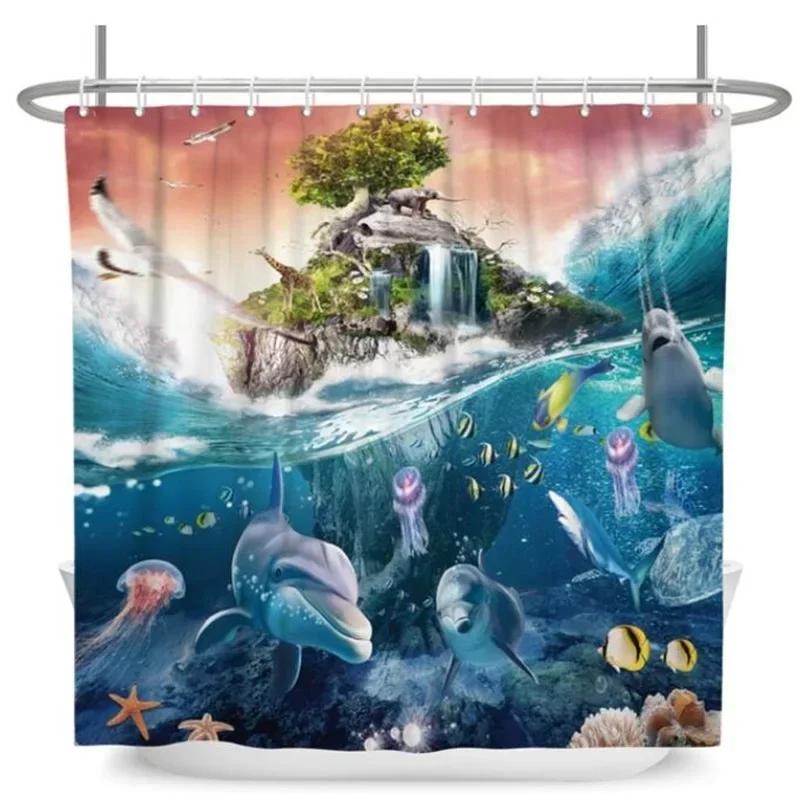 Underwater World Bathroom Shower Curtain Sea Turtle Dolphin Ocean Creature Landscape Bath Curtains Children Cloth Bathroom Decor