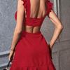 New Pure Desire Style Ruffled Hem Fitted Dress Women's Square Neck Wide Strap Backless Short Bodycon Dress Slimming Black Dress for Date Night Outfit
