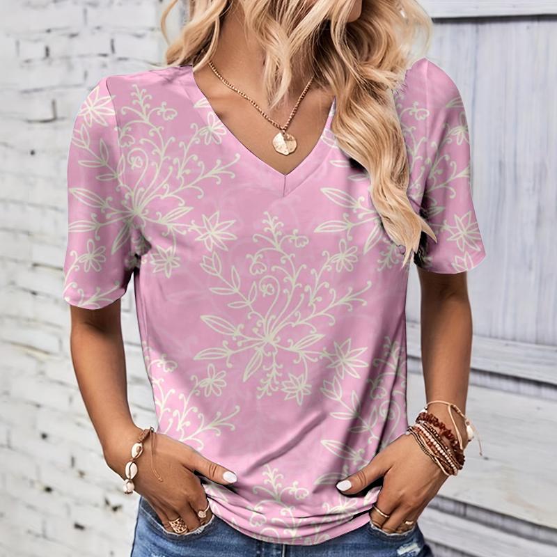 Fashionable summer leaf 3D printed women's V-neck short sleeved shirt