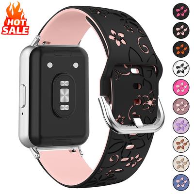 Dwukolorowy Ręcznie Rzeźbiony Kwiatowy Pasek do Smartwatcha Samsung Galaxy Watch Fit 3 Silikonowa Bransoleta do Huawei Watch Fit 3 4 5Pro Akcesoria do Opaski