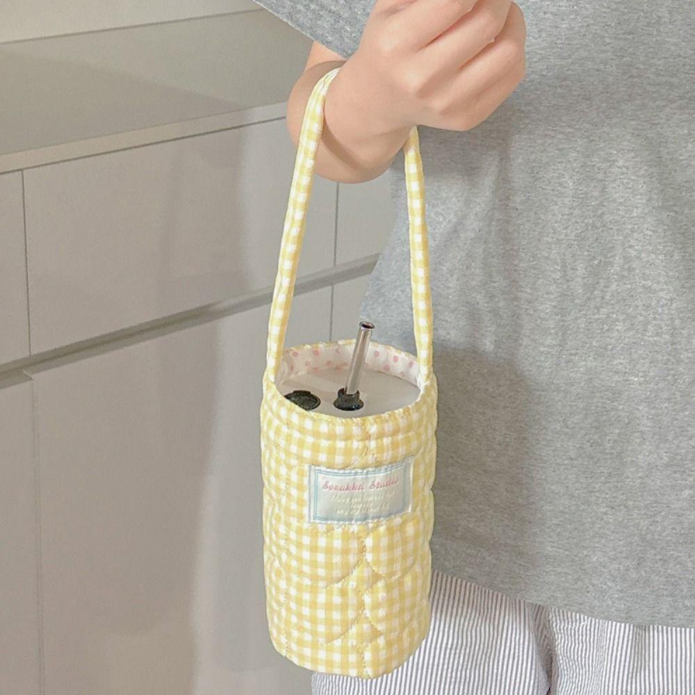 Plaid Design Water Bottle Protective Cover Heart Embroidery Thermos Cup Sleeve  For Men And Women