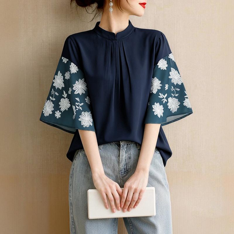 

ZANZEA Женская блузка кэжуал с коротким рукавом, принтом и вставками, воротником-стойкой XL тёмно-синий