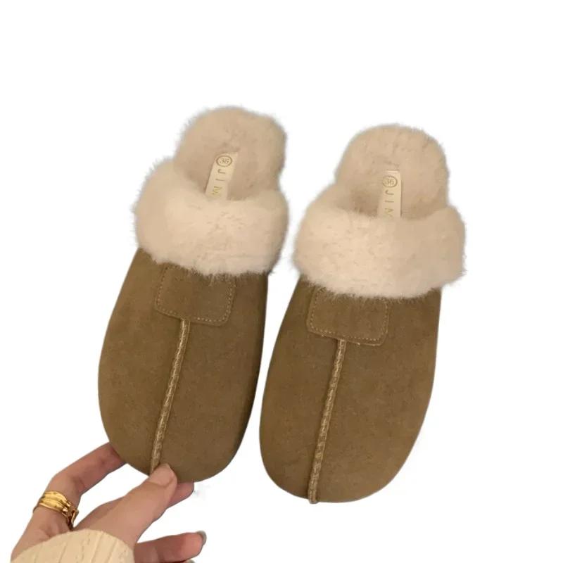Pantofi de modă Femeii 2024 Noui Papuci de damă cu vârf închis Toamna Iarnă Lână de pluș pentru căldură Papuci de casă, plat, confortabili