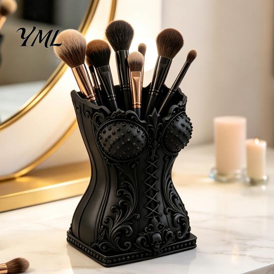 Makeup Tool Container Gothic Brush Storage Tube, Retro Skull Desktop Organizer, Cosmetic Organizer for Vanity Decorative Plastic Holder Dressing Table