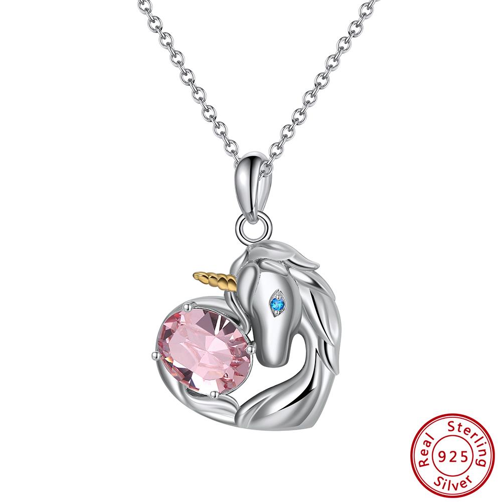 

EFFIE QUEEN Unicorn Pendant Necklace 925 Sterling Silver Pink Sparkling Crystal Cable Chain With AAAA Blue Cubic Zirconia SWN20