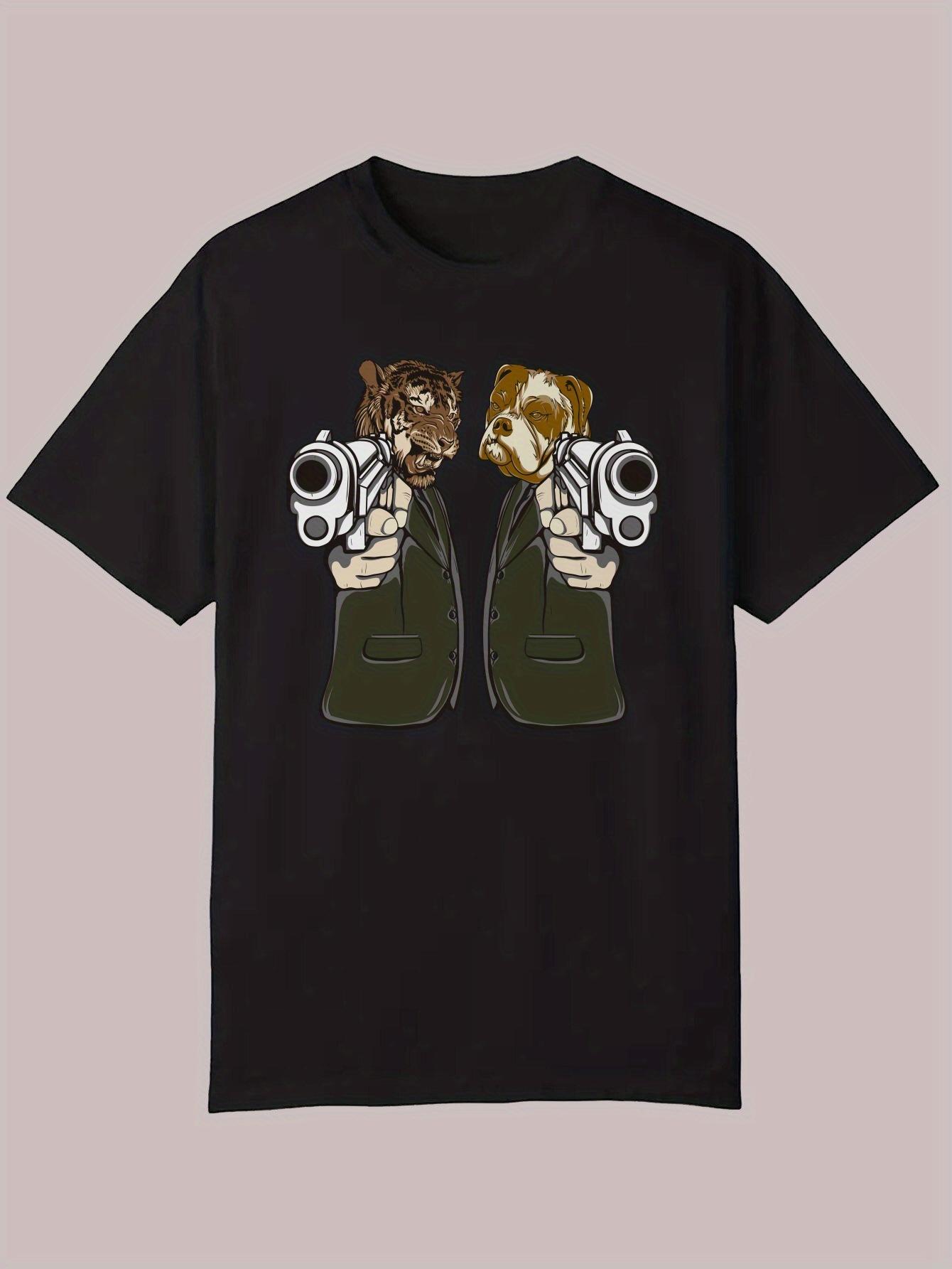 

Summer Casual Graphic T-shirt - Bold Animal Print with Cartoon Tigers in Military Attire & Guns Design M