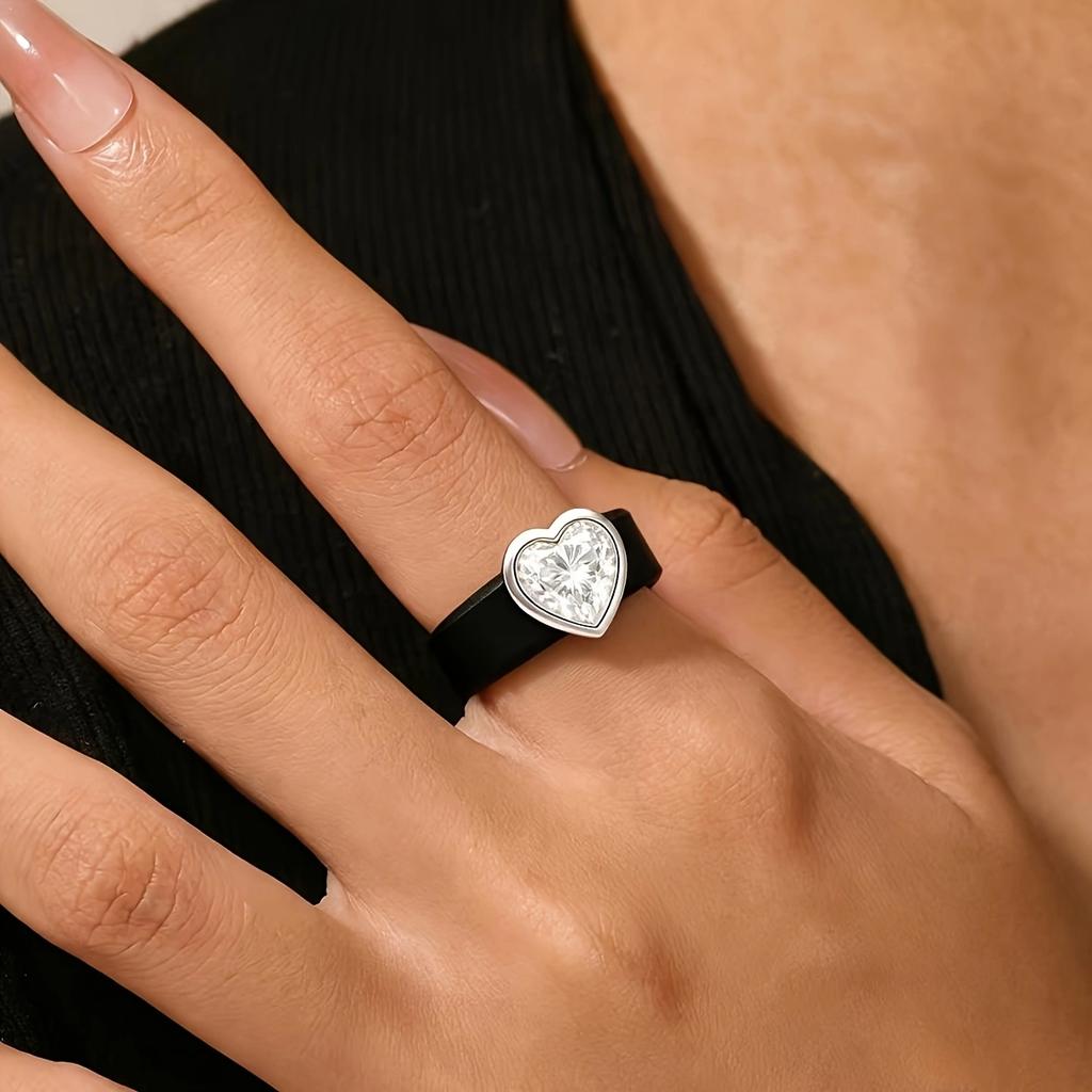 14K Goldbeschichteter Schwarzer Silikonring, Funkelnder Herzförmiger Zirkonia-Ring, Hypoallergen, Geeignet Für Den Täglichen Gebrauch