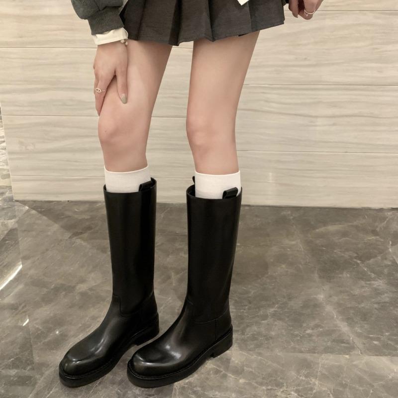 [] Collection Grade~ ANN Imported Calfskin Thick-soled Thick-heeled Medium Tube Knight Boots Women's Boots