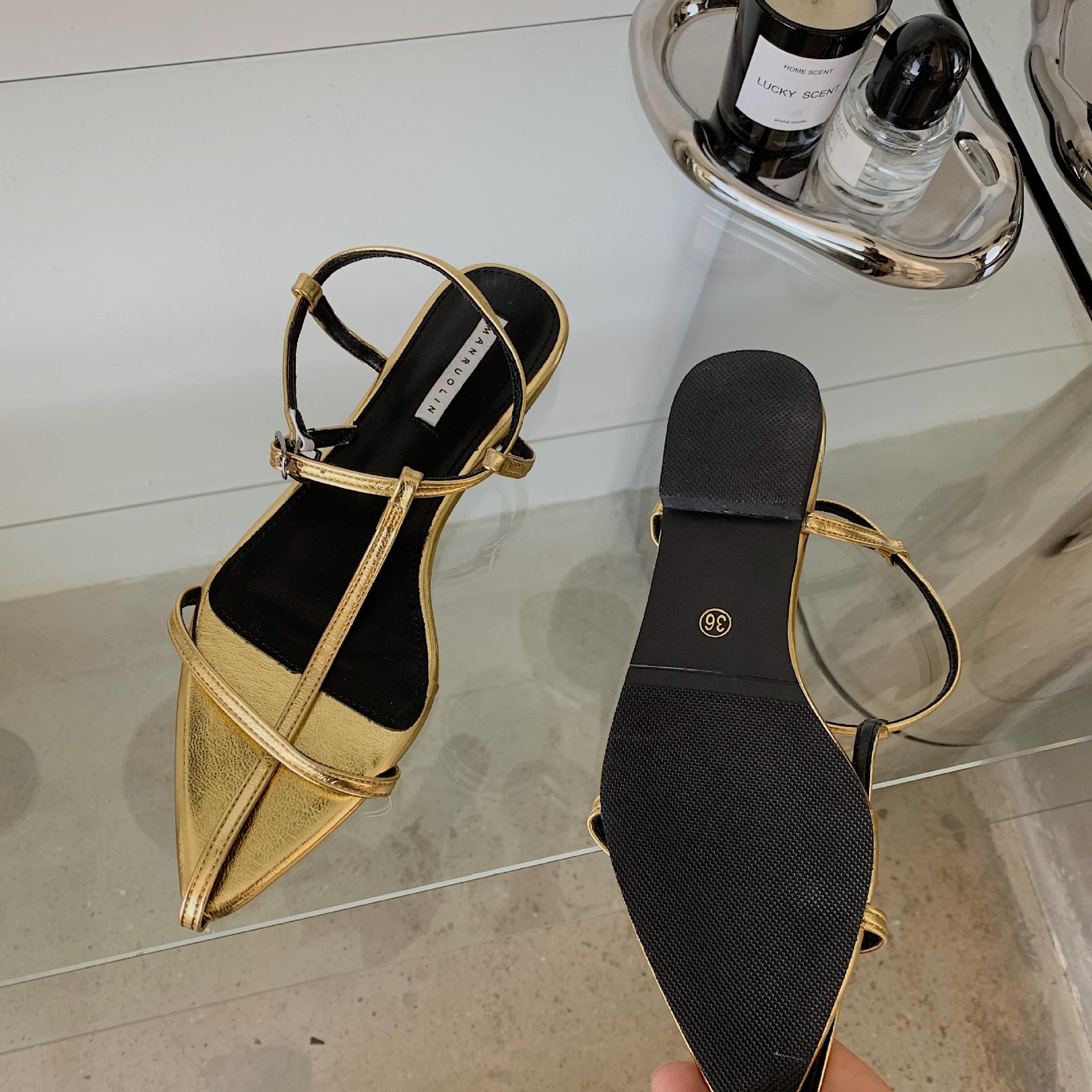 

Cross strap pointed flat-bottomed beach sandals women s summer simple silver thin strap personalized open-toed temperament women s shoes 39 золотой