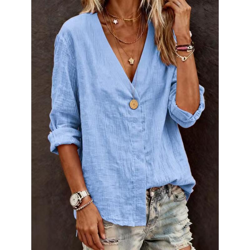 QICED Women's Fashion Casual Solid Color Print Long Sleeve  V Neck Blouses & Shirts