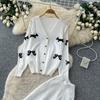 Autumn Winter Sweet Bow Jacquard Sweater and Pants Two-Piece Set Women's Knitted Cardigan High-Waisted Wide-Leg Pants Suits