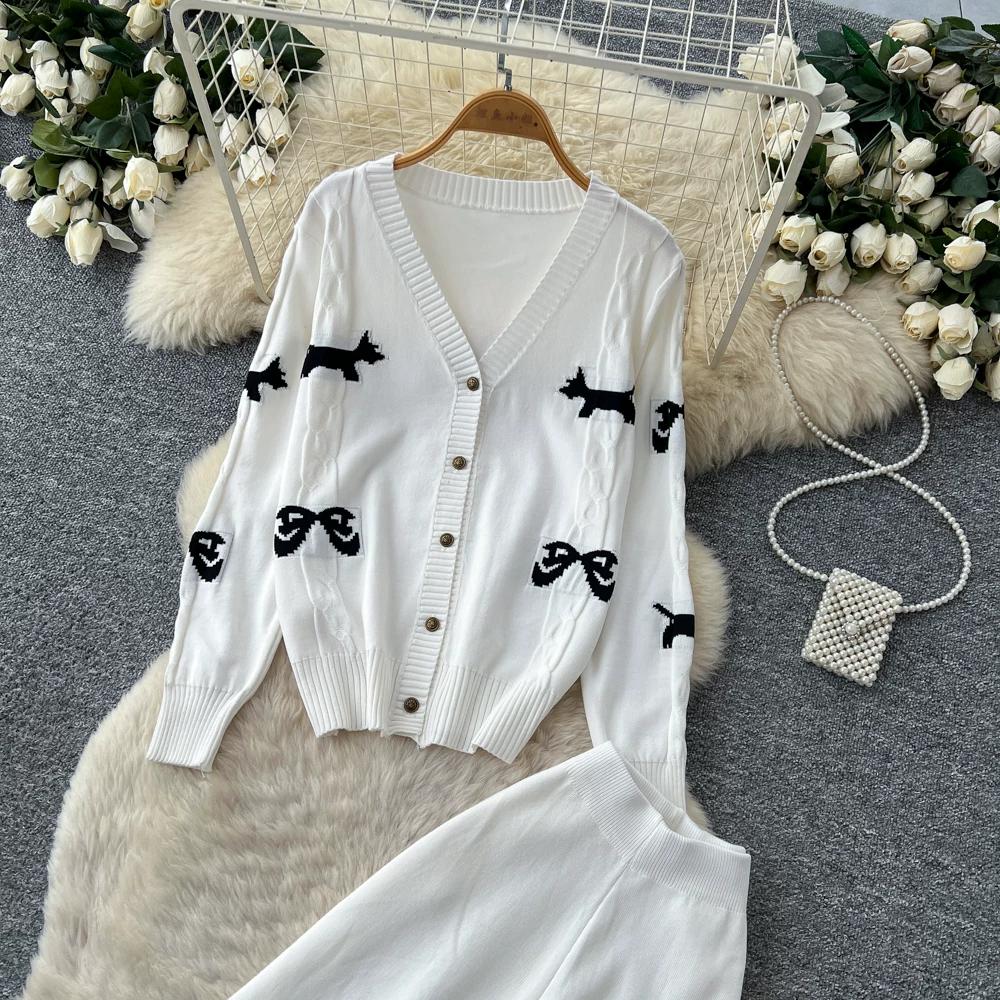 Autumn Winter Sweet Bow Jacquard Sweater and Pants Two-Piece Set Women's Knitted Cardigan High-Waisted Wide-Leg Pants Suits