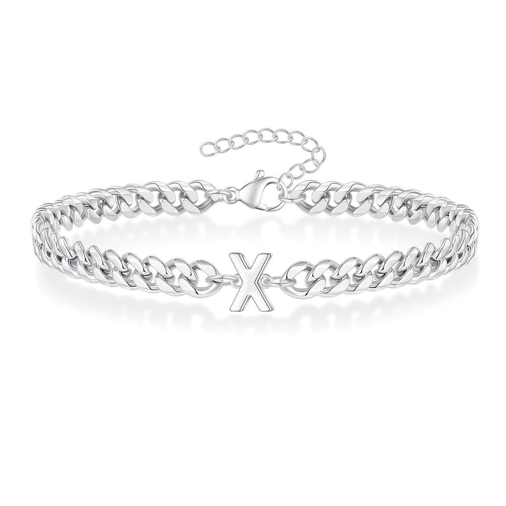 Vnox A-Z Iniziale Braccialetti a Catena Cubana per Uomo Donna, Acciaio Inossidabile Colore Argento Maglie Ovali, Braccialetto con Ciondolo Lettera Nome Regalo