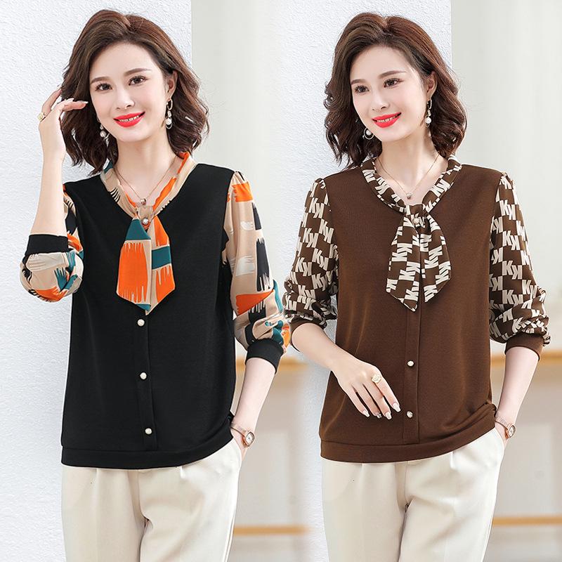 Stylish Printed Bow Tie Chiffon Top for Middle-Aged and Elderly Women – Loose Fit, Long-Sleeved, Plus Size