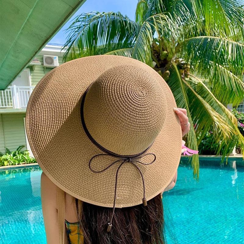 

Fashion Women Straw Sun Hat Summer Wide Brim UV Protection Panama Hat with Belt Strap Outdoor Beach Vacation Travel Accessories 56-58cm хакі