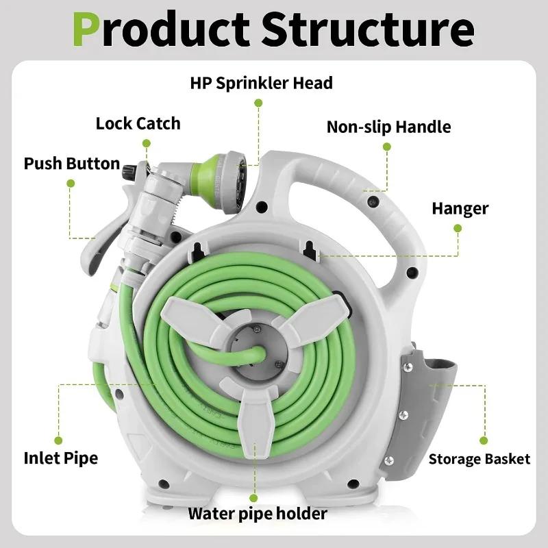 46FT Pro Garden Hose Reel 7 Pattern Nozzle Adjustable Wall Mount Precision Length Lock Water Saving Design for Lawn Bed Cleaning