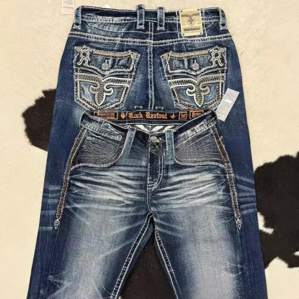 FlowStreet Y2K New Revival Mens Jeans Foliage Bootcut Women Gothic Blue Denim Embroidery Pocket Hip Hop Harajuku Wide Pants Street Wear