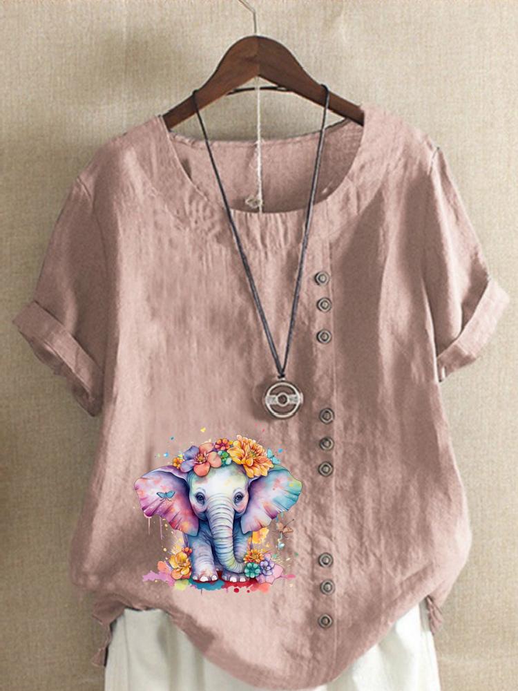 Women s Fashion Flower Elephant Print Print Shot Sleeve T-shirt Loose Cotton Shirt Casual Loose Summer Blouse Tops Plus Size S