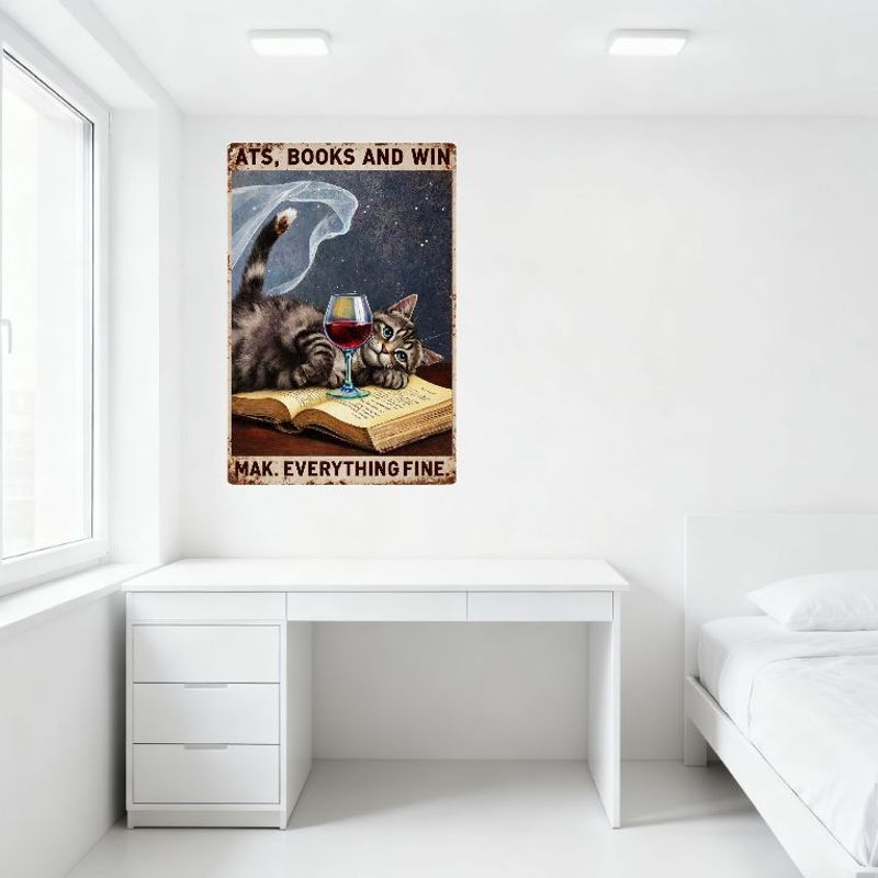 Vintage Cats Books & Win Metal Sign, Gray Tabby Cat on Aged Book with Wine Glass Tin Poster, Distressed Rusty Metal Wall Decor f