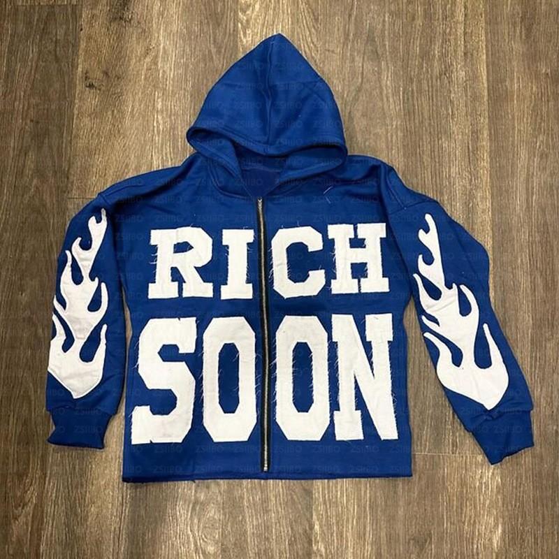 Unisex Hooded Zip-Up Sweatshirt With Letter Print Loose Fit Streetwear Casual Pullover