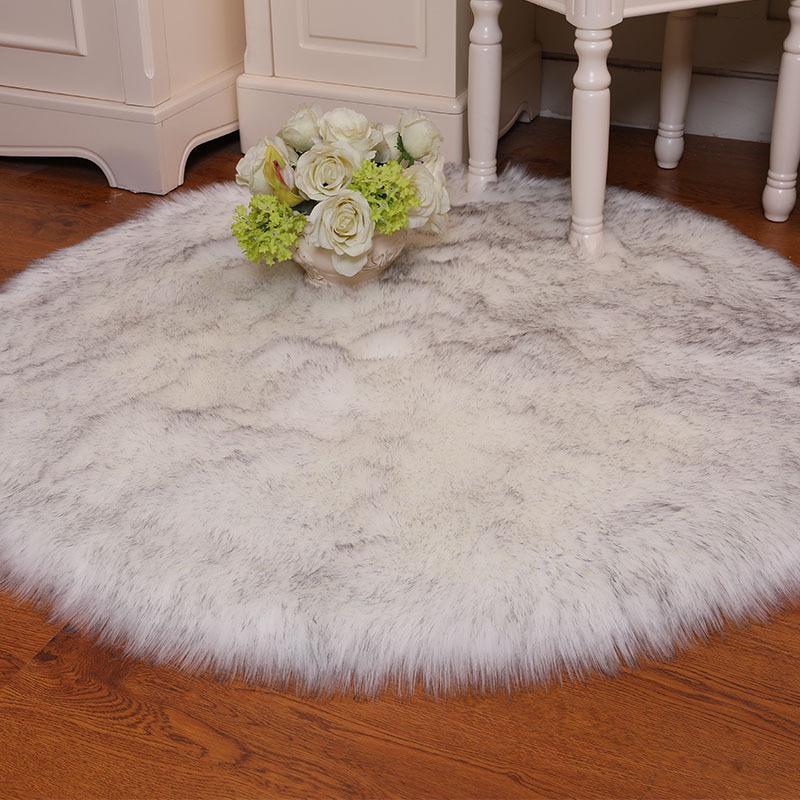 Nordic Style Faux Wool Round Plush Rug - White Solid Color Carpet for Room 