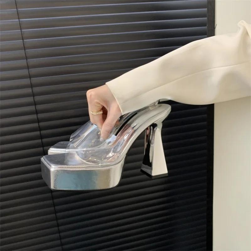 CNMB NEW Eilyken Fashion Silver PVC Transparent Platform Slippers Summer Women Open Toe Square Heel Sandals Dance Shoes