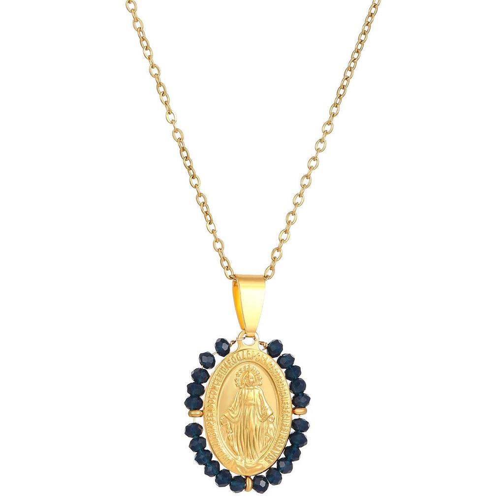 18K Gold Mary Embossed Retro Pendant Necklace for Women