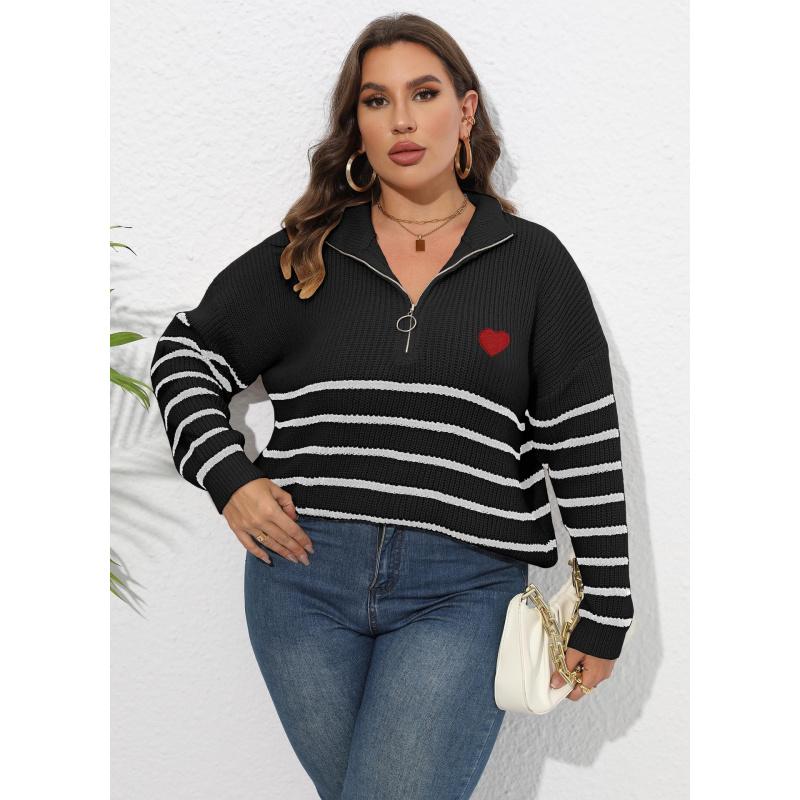 Women's Pullover Sweater Plus Size Women's Clothing Striped Patchwork Half Turtleneck Zipper Heart Knitted Sweater
