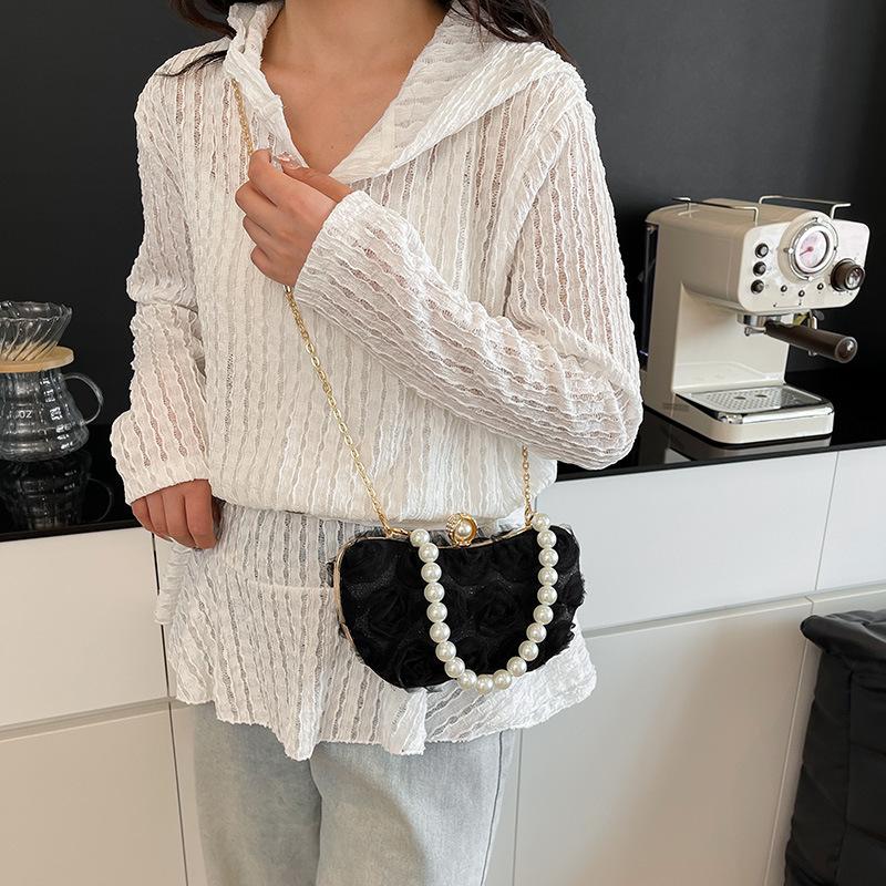 New Lace Flower Evening Bag Pearl Chain Clip Shell Bag Women Crossbody Bag