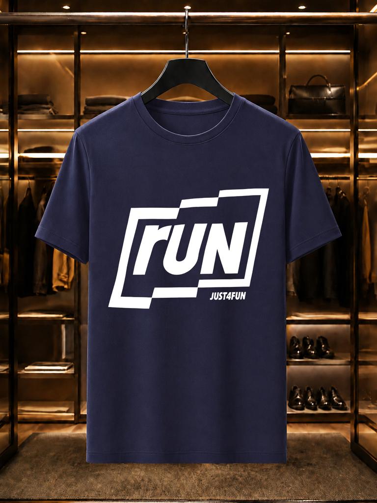 2026 New Arrival 100 Cotton Tshirt Run Irregular Frame Letter With Just4fun Small Text Print Crew Neck Unisex Sports Loose Casual