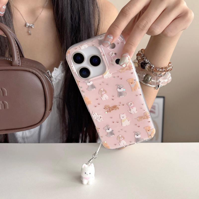 Inspired Glitter Puppy Full Screen Phone Case for iPhone 14/15, 17 Pro Max, 16 PM - Women's Style