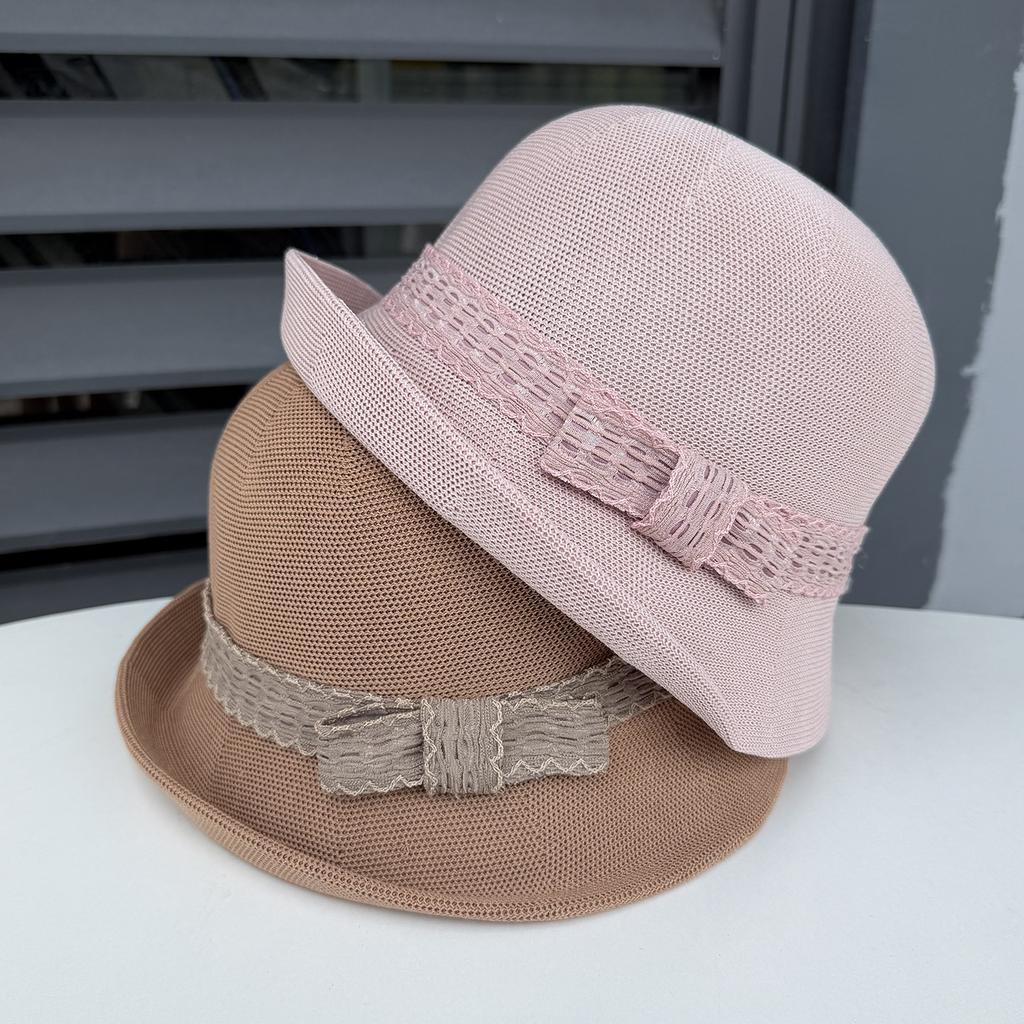 Elegant bow knitted dome basin hat women's spring and summer retro British fashion crimped bucket hat travel visor