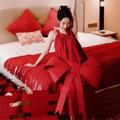 Off-Shoulder Sleeveless Neck Premium Morning Gown Bride Toast Dress Engagement Burgundy Dress Long Skirt