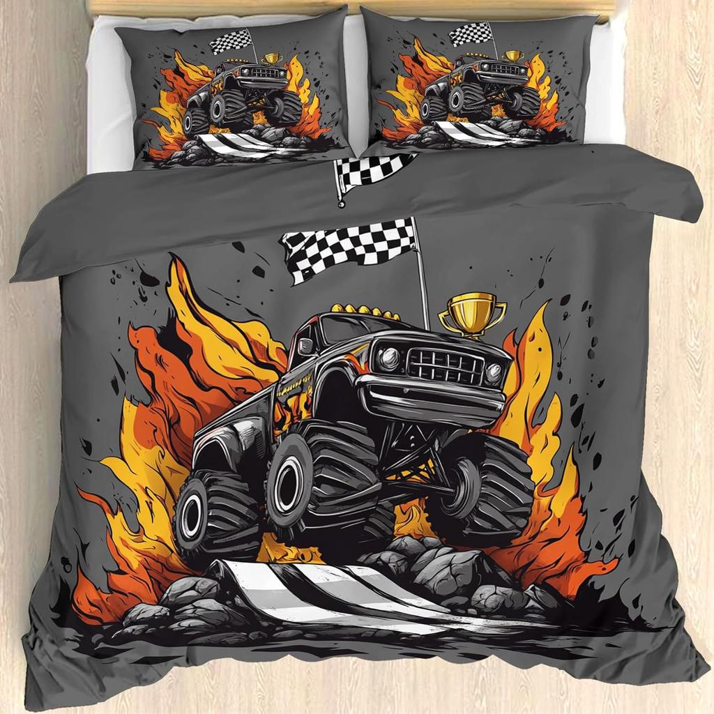 Monster Truck Bedding 135X200 Winter, Boys Car Duvet Cover 2Er Set With Pillowcase 75X50, Soft Microfiber Bedding With Zipper