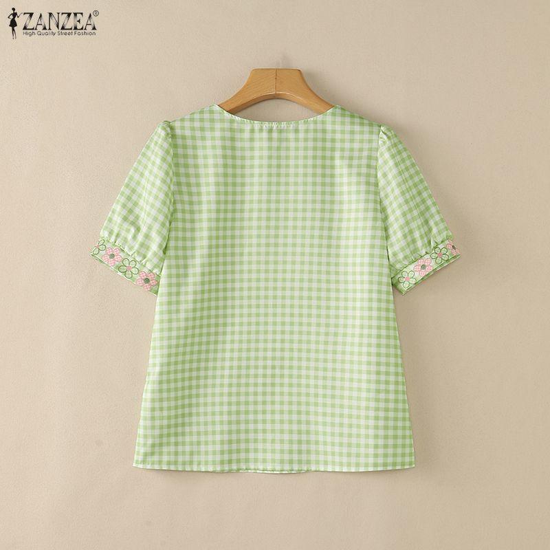 ZANZEA Women Casual Square Collar Loose Summer Short Sleeve Plaid Print Blouse