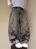 European and American Street Goth Style Cherry Blossom Embroidered Jeans K Men's and Women's Fashion Straight Trousers