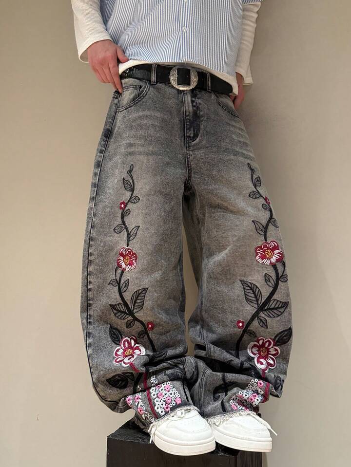 European and American Street Goth Style Cherry Blossom Embroidered Jeans K Men's and Women's Fashion Straight Trousers
