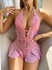 Pink Hanging Neck Lingerie Adult Erotic Costume Deep V Crotchless Woman Underwear Sex Night Open Dress Bodysuit Sexy Jumpsuit