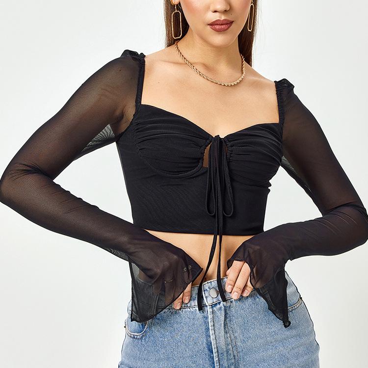 Mesh Hollow Straps Women's Vest, European and American Sexy Halter Horn Long-sleeved Short Knitted Top