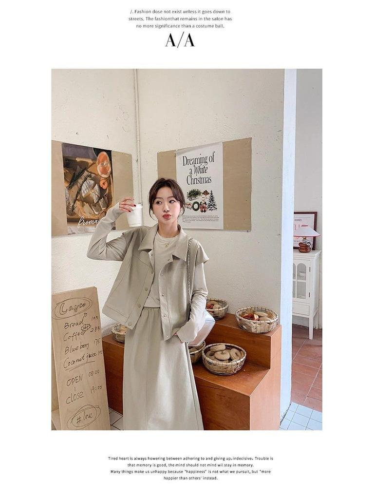 Korean Casual Workwear Vest & Skirt Set - Women's Spring/Autumn 2025 Three-Piece Outfit with Round Neck Long Sleeve Top.