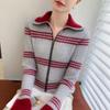 Color Block Slim Fit Cashmere Cardigan - Women's High Collar Zipper Sweater.