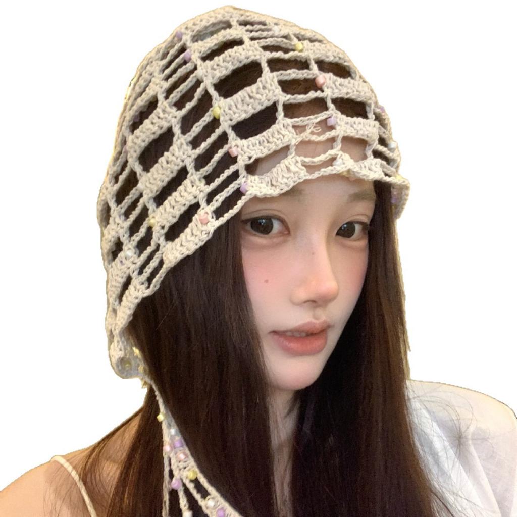 Niche design sense, handmade beaded bag head hat, female fringed hollow pullover hat, travel photo, ethnic style hat