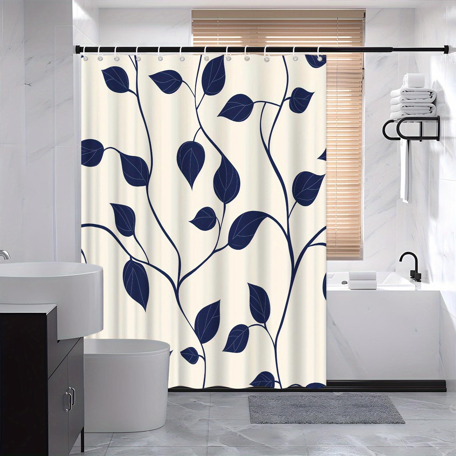 Jessica Chen Blue 1Pc Modern Navy Leaves And Branches Polyester Shower Curtain, Woven Fabric With 12 Hooks, Fashionable Bathroom Decor