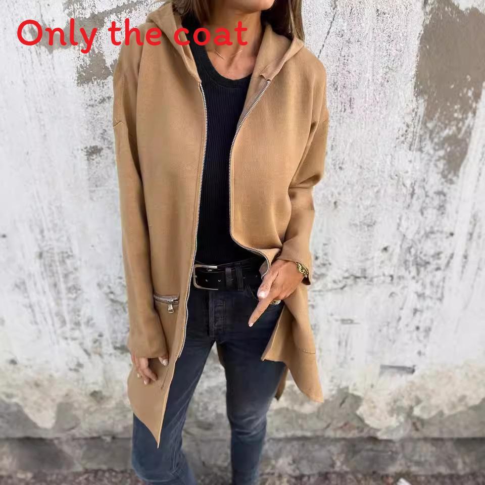 Solid Color Polyester Casual Hooded Jacket For Women With Pockets