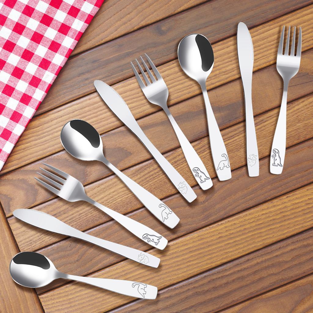 9Pcs Kids Silverware Set Stainless Steel Kids Fork Spoon and Cutter Set Ergonomic Toddler Utensils Funny Dinosaur Kids Flatware