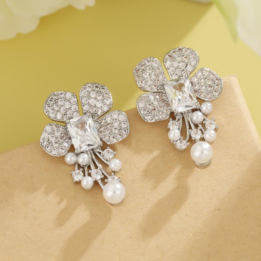 Elegant Geometric Copper Zircon Pearl Earrings For Wedding Bridesmaids