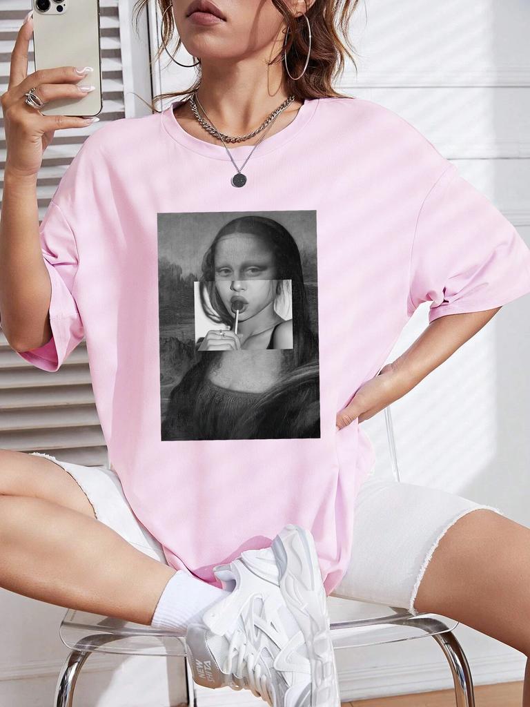 Mona Lisa Drinking Beverages Womens Tshirt Summer Breathable Casual T Shirt Loose Soft Tops Hip Hop Oversize Fashion Clothes