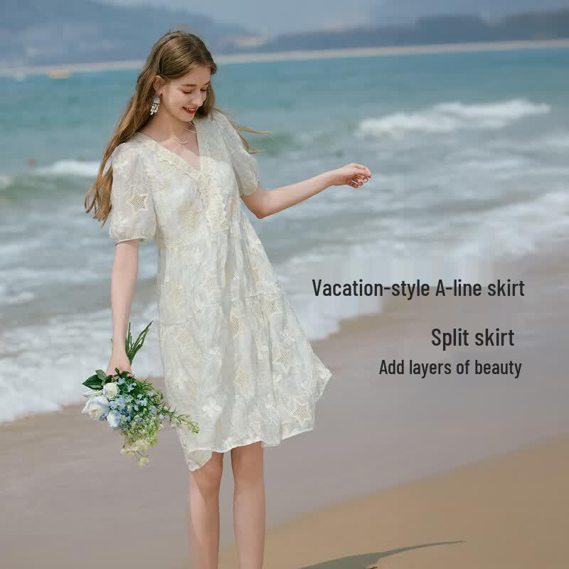 Women's V-Neck Embroidered A-Line Bubble Sleeve Dress