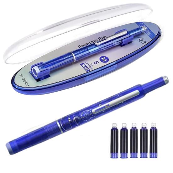 Retractable Fountain Pen Fine Nib Set 0.38mm Black/Blue Ink Transparent Barrel Pen with 5 Refillable Ink Cartridges for Sketching